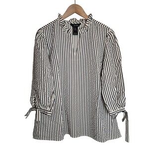 Ali Miles Tunic Top Women Medium Blue White Striped Ruffle Neck Tie Sleeve